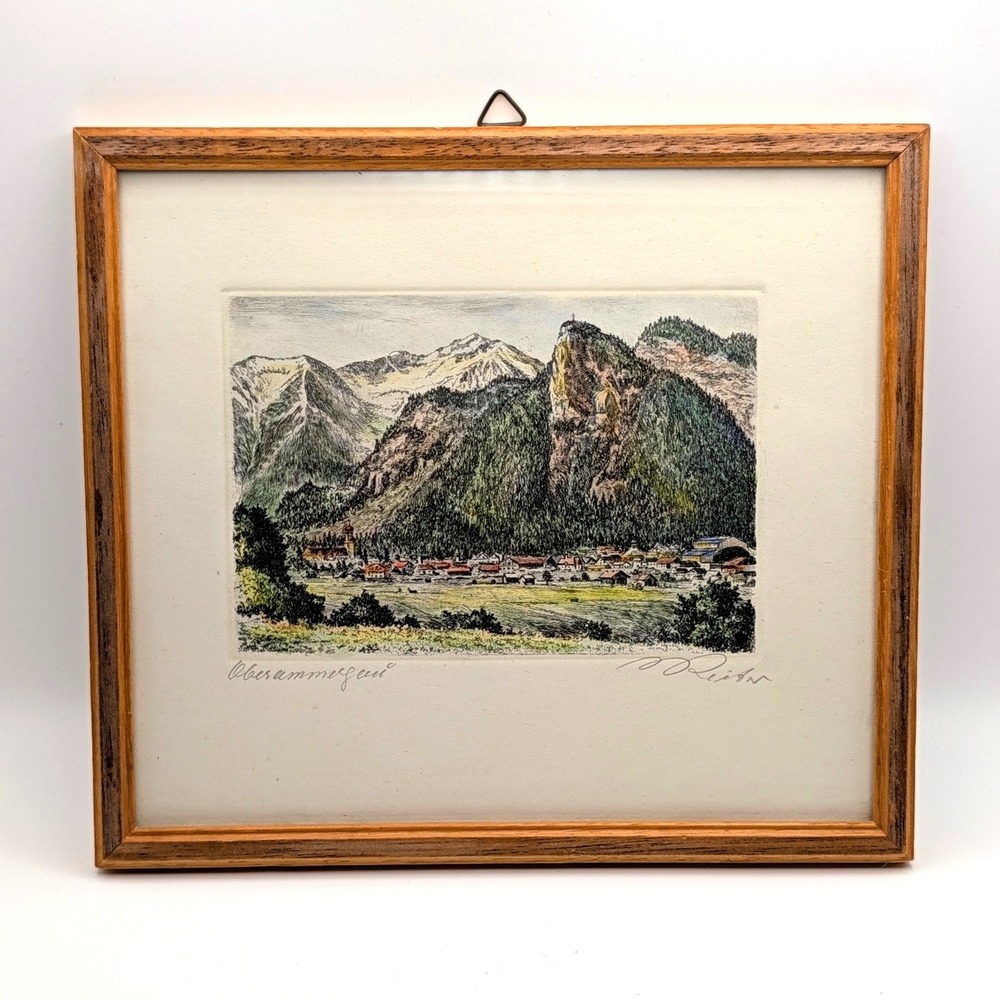 M. Reiter Oberammergau Etching Signed Framed German Alpine Landscape Art 8.5x7.5
